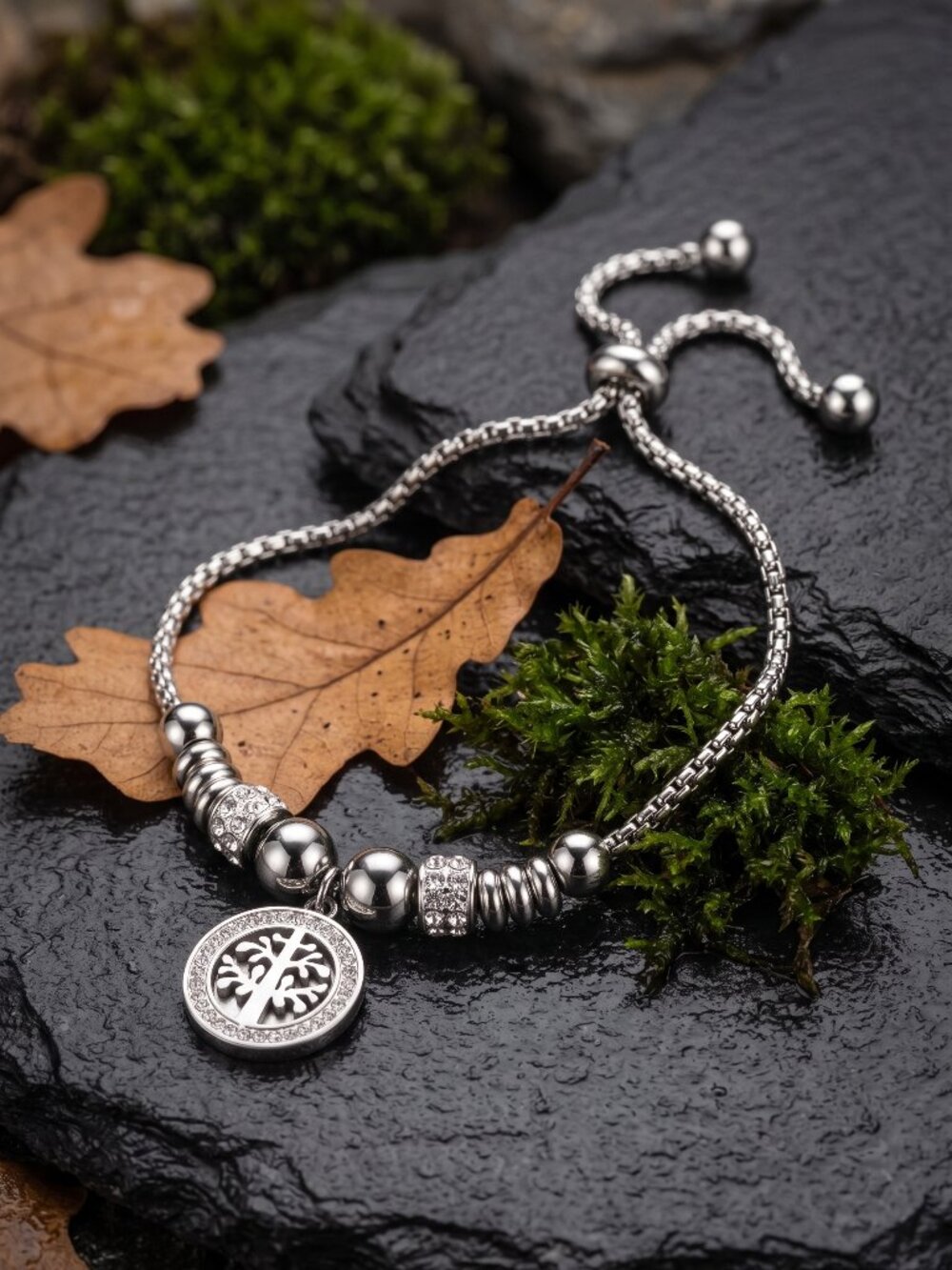 Tree of Life Bolo Bracelet Silver Tone CZ Pave Adjustable Mystical Up To 8"